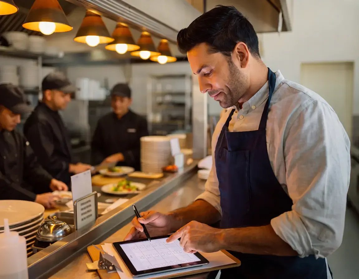 A restaurant manager in a dark apron standing at a pass-through or expo window, calml 505356