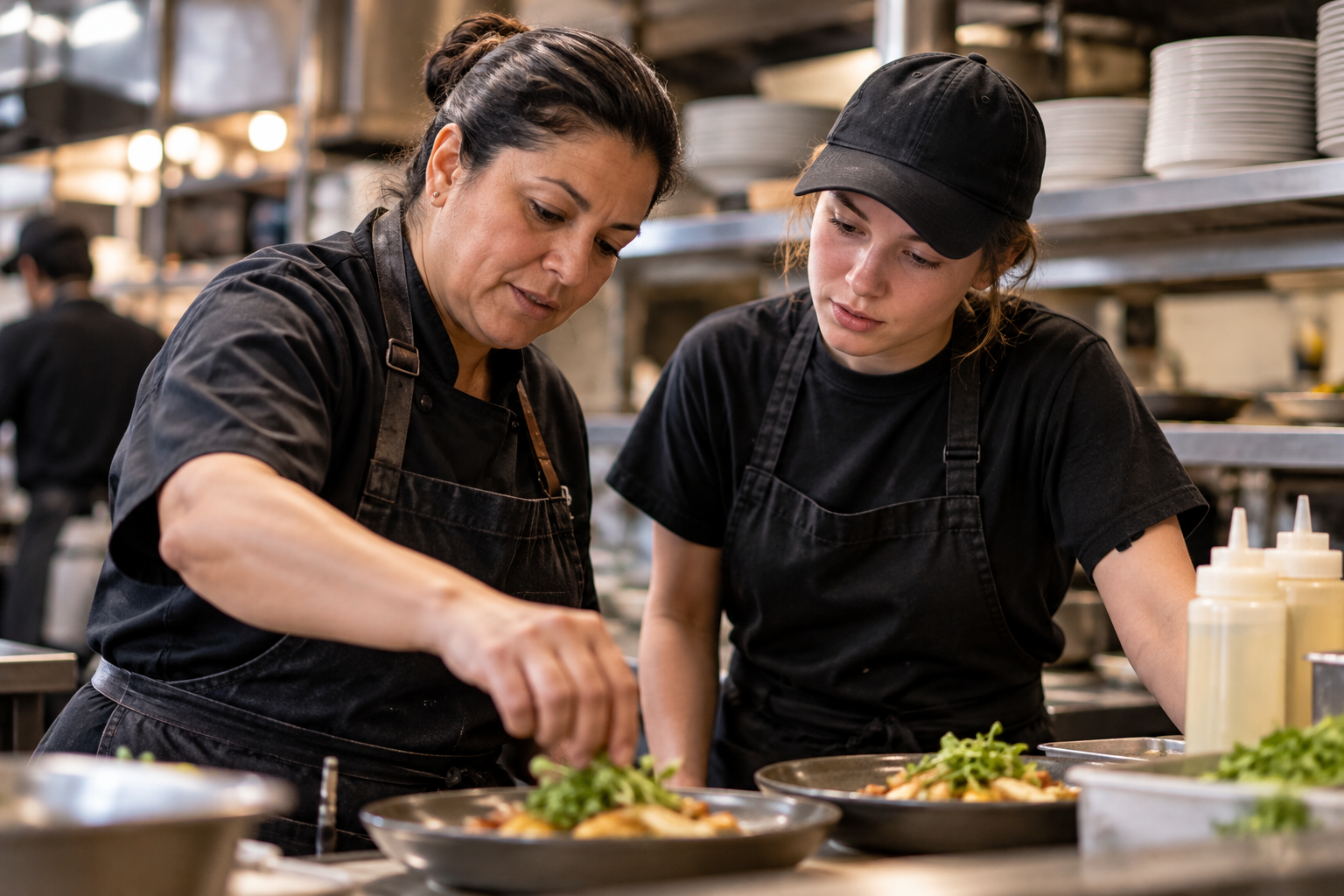 An experienced frontline restaurant employee helping a newer employee during a shift