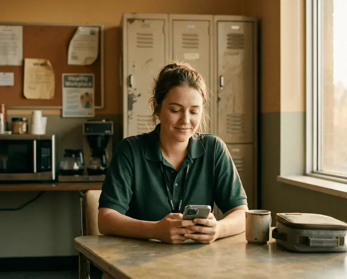 Firefly_Gemini Flash_A part-time warehouse or retail worker sitting in a break room, looking at their phon 738087