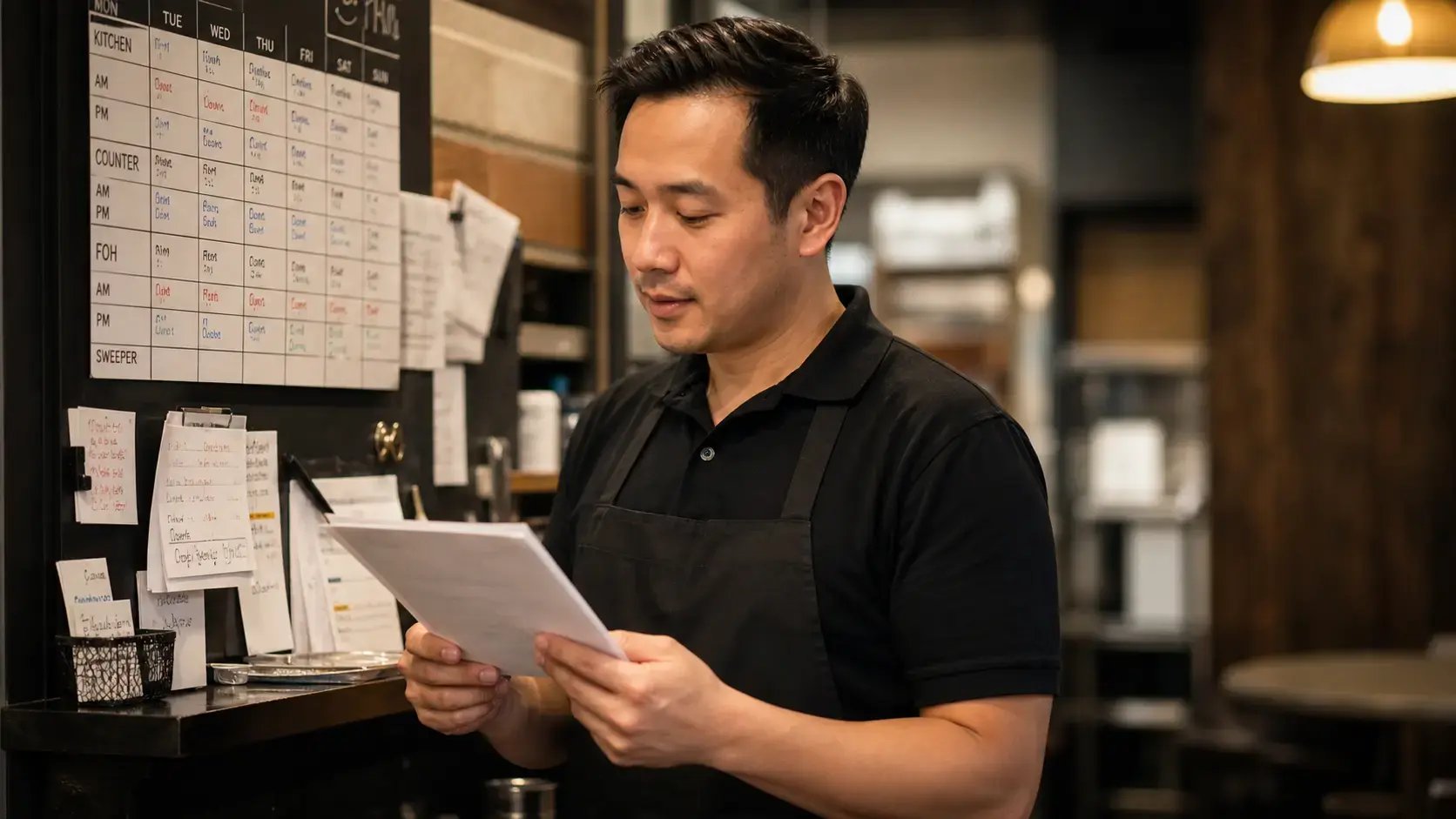Firefly_gpt-image_A restaurant or retail manager in a dark polo or apron stands at a back-of-house sche 411045