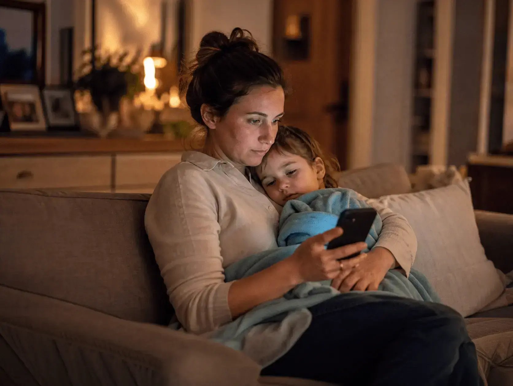 Candid photo of a young parent in casual work clothes sitting on a couch, holding a sick child